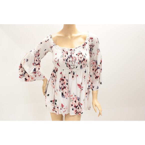 Torrid Modal Lace-Up Smocked Off Shoulder Top White Floral LS Women's 2X - Picture 1 of 9